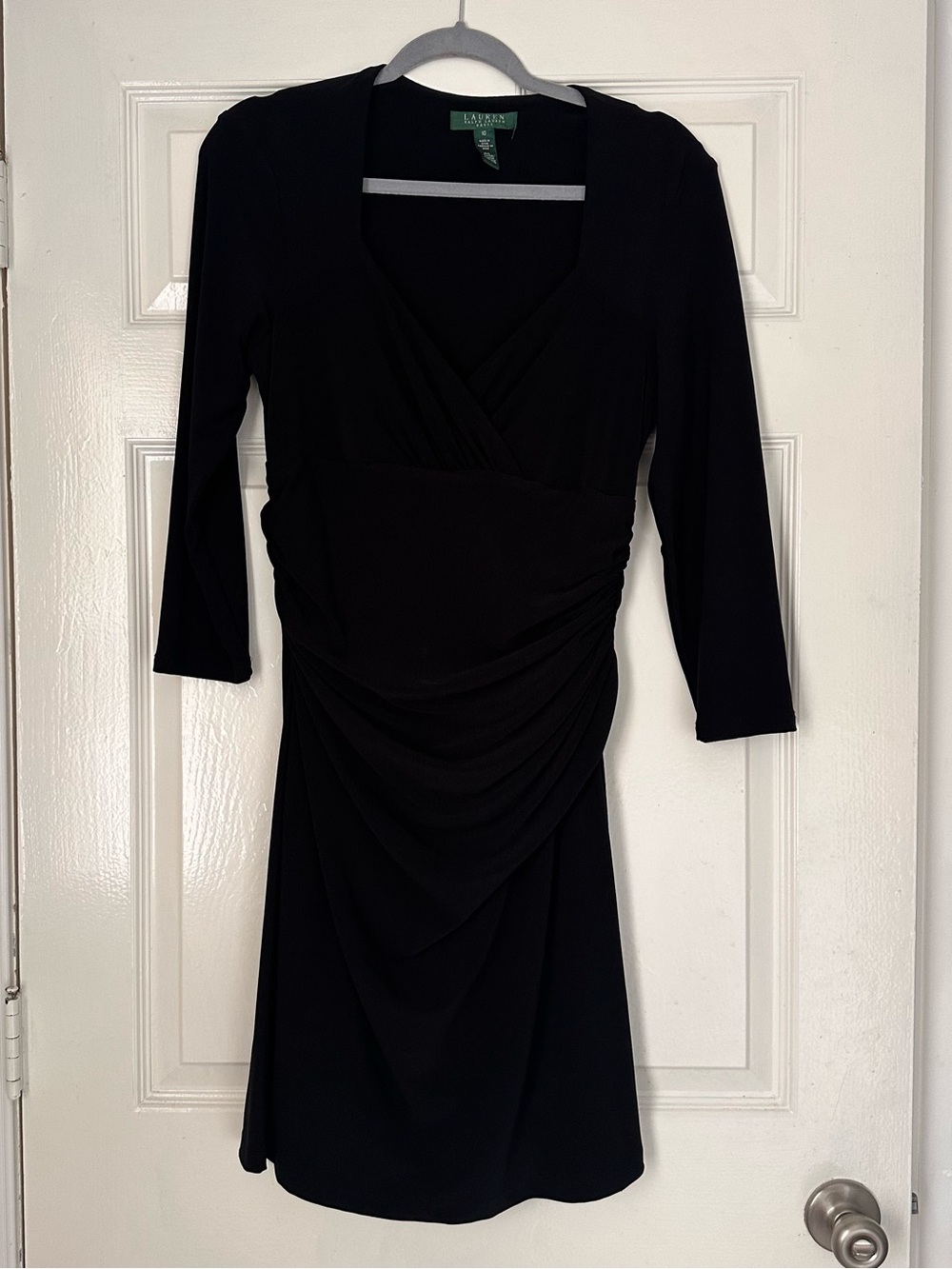 Lauren Ralph Lauren Black Ruched Faux Wrap Dress Size 10